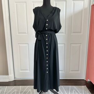 Ann Taylor Black Sleeveless Tie Waist Maxi Dress with Button Down Front